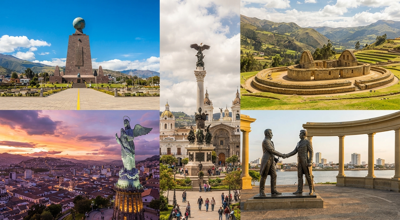 Historic landmarks in Ecuador: Middle of the World Monument, Virgin of El Panecillo, Independence Monument, La Rotonda Hemicycle, and Ingapirca